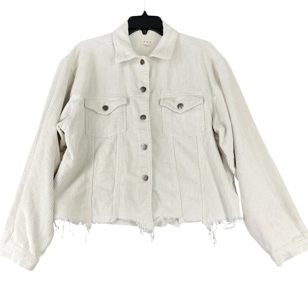 POL Corduroy Raw Hem Jacket Women L Button Front Cropped Trucker‎